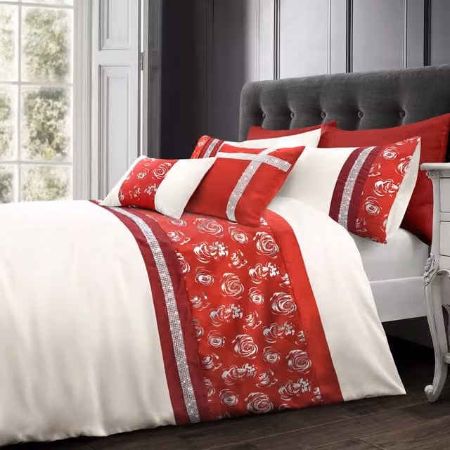 Velosso Red and Silver Floral Silk Duvet Cover and Pillowcase Set, W/D/H: 200 x 200 cm