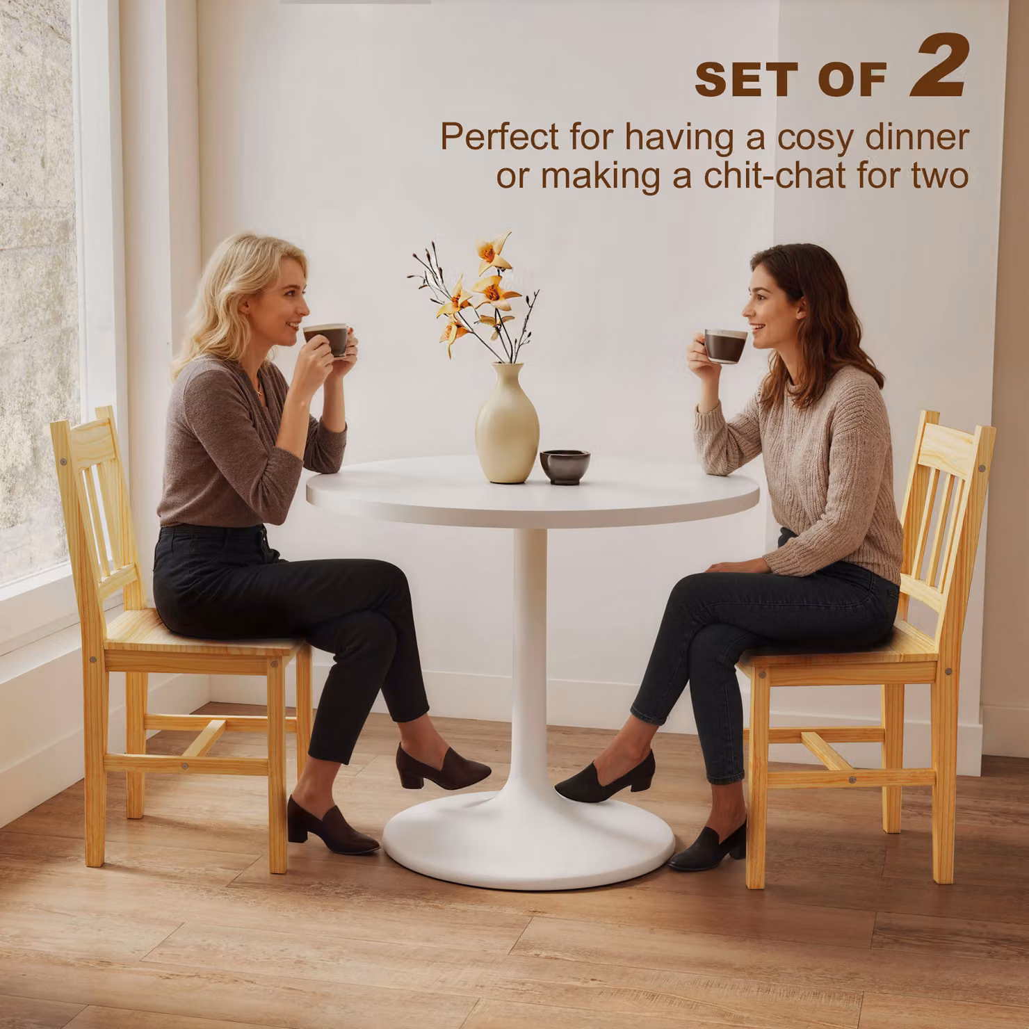 HOMCOM Set of 2 Rustic Brown Pine Wood Dining Chairs with Slat Back – 3