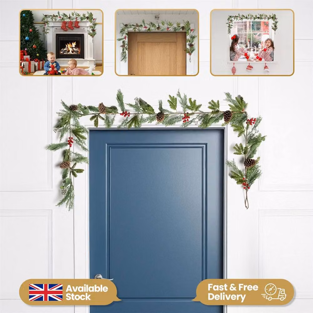 Shatchi Christmas Garland with Red Berries and Pinecones in Green and Red, 180 cm – 2