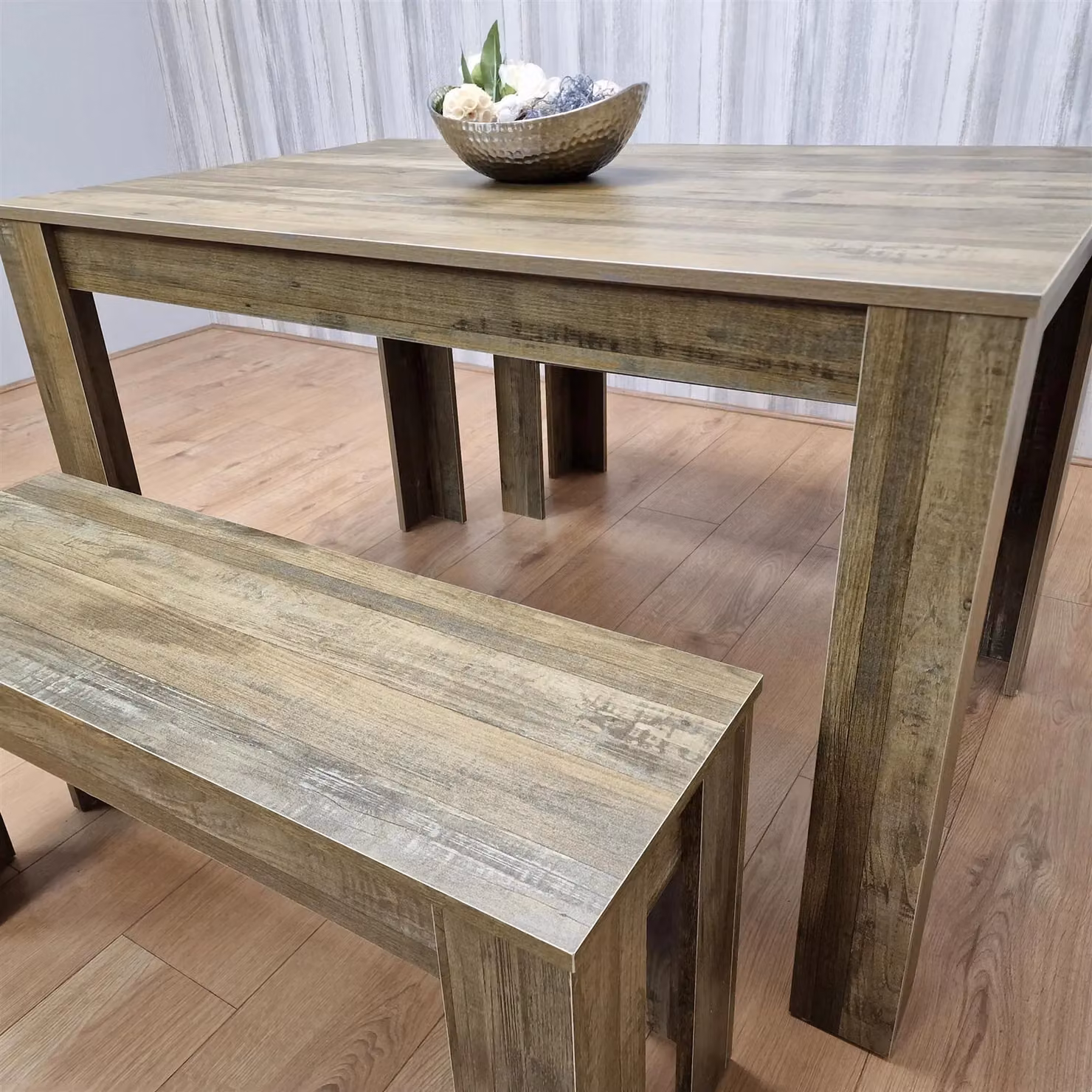 KOSY KOALA Brown Rustic Effect Wood Dining Table and 2 Benches Set – 2