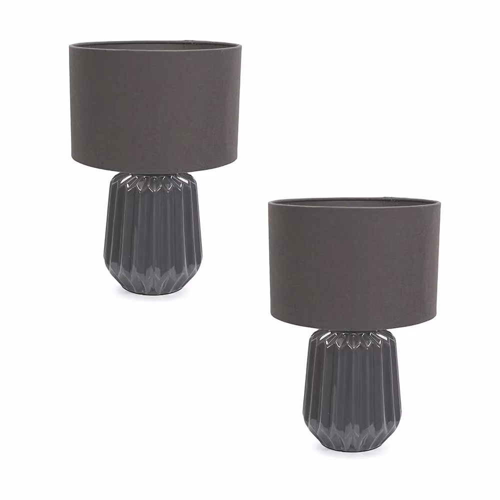 ValueLights Zak Pair of Grey Pleated Textured Ceramic Table Lamps with Fabric Shades and LED Bulbs H 38 cm x W 25 cm – 2