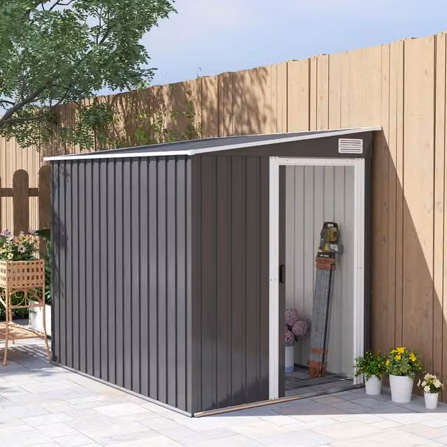 Outsunny Grey Metal Lean-to Garden Tool Storage Shed with Foundation