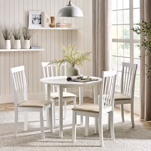 Julian Bowen Orwell White and Beige Round Wood Dining Set with 4 Chairs, W/D/H: 90 x 90 x 94 cm