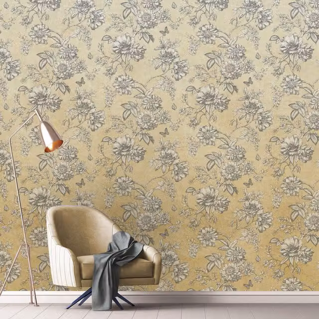 Grandeco Mimosa Mural Wallpaper in Yellow Botanical Floral Vintage Design