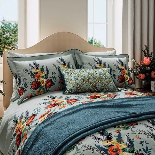 V & A Botanical Harmony Mako Satin Cotton Duvet Cover and Pillowcase Set in Blue and Red, W: 140 cm, L: 200 cm – 4