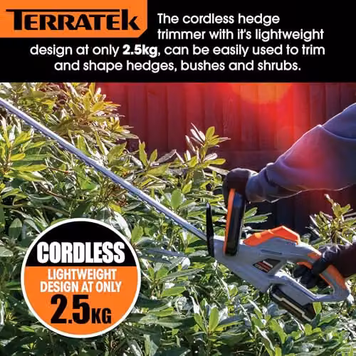 Terratek 20V Cordless Reciprocating Hedge Trimmer with 51cm Blade, Rechargeable Battery and Quick Charger in Orange and Grey – 3