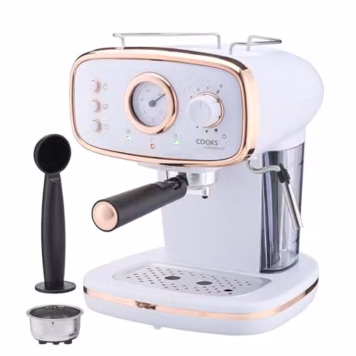 Cooks Professional 15-Bar Retro Espresso Coffee Machine with Steam Wand and 1.2L Removable Water Tank, White
