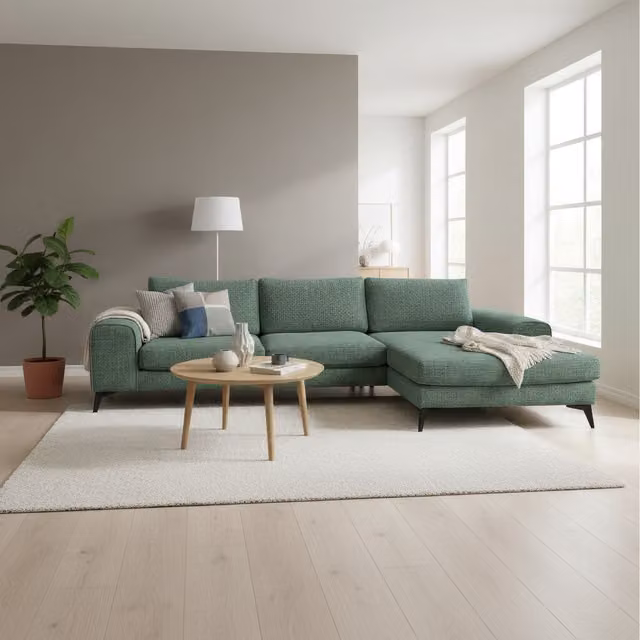 Abakus Direct Venice Chenille L-Shape Corner Sofa in Green with Deep Seats and Extra-wide Padded Arms, Right-hand Facing