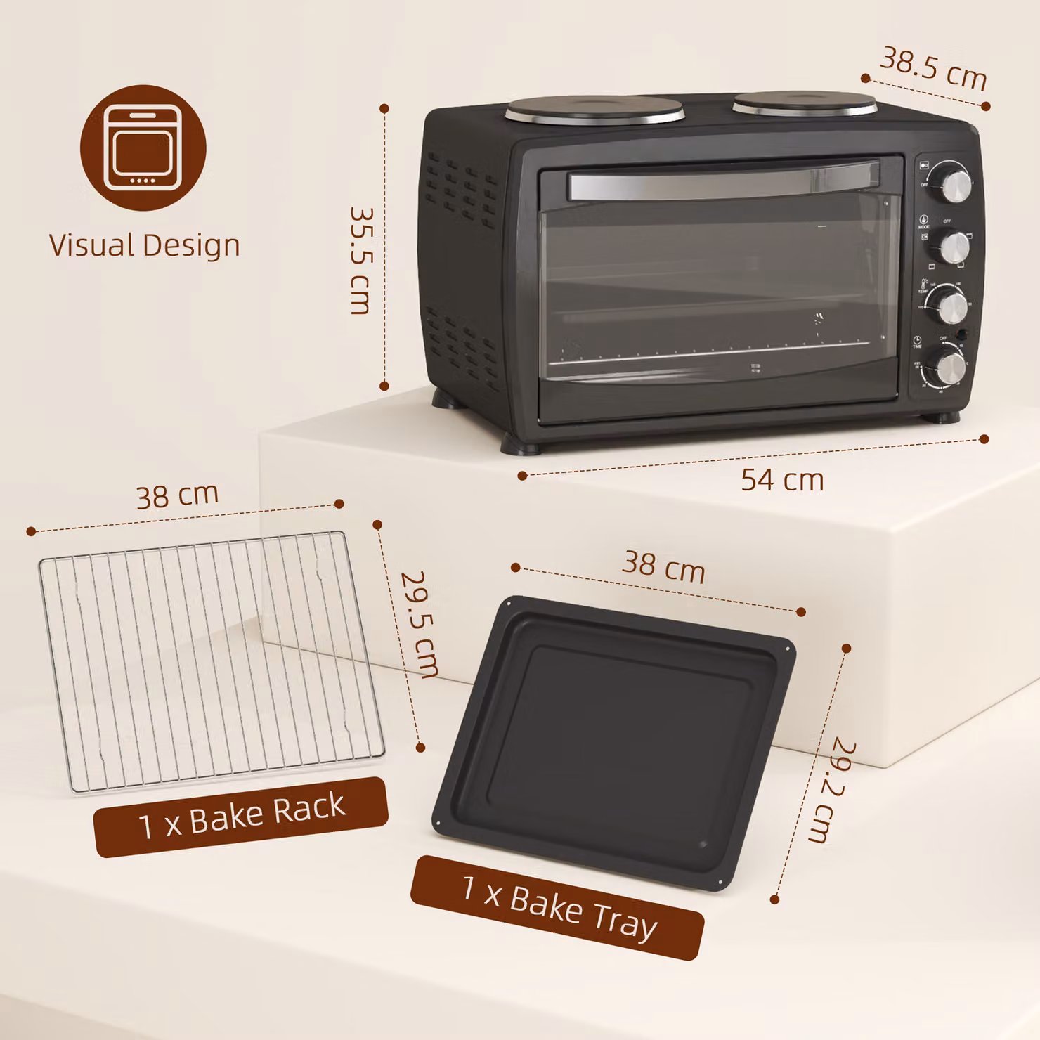HOMCOM 36L Small Oven with 2 Hot Plates, Black, 2600W, with Grill, Timer and Overheat Protection – 3