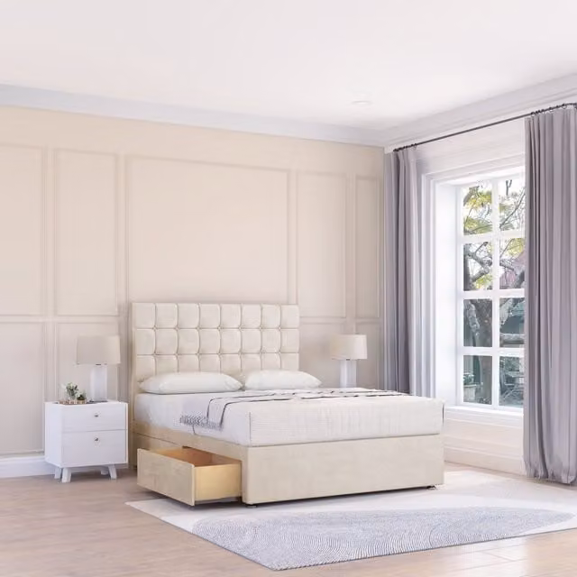 Sloomy Alabama Divan Bed Base and 26 inch Struts Headboard in Beige, W/D/H: 140 x 200 cm