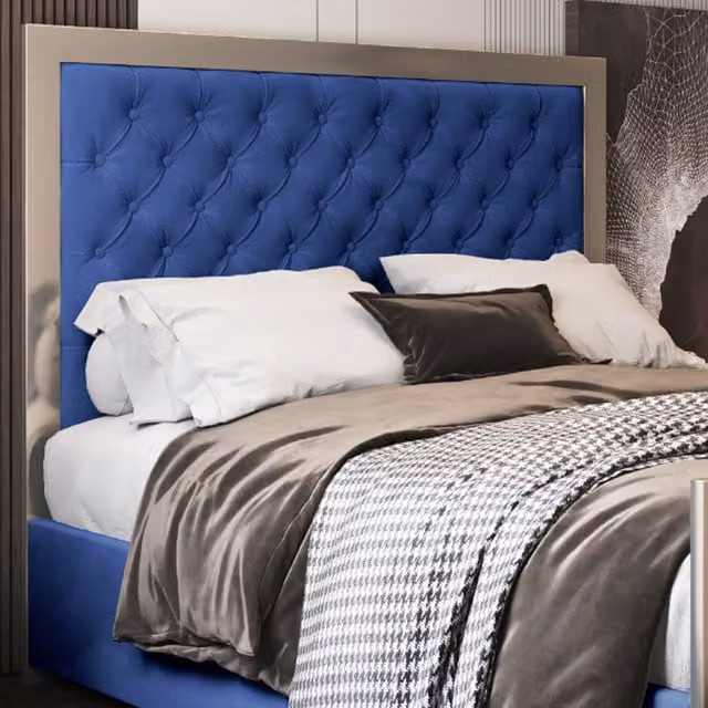 Emia Upholstered Velvet Metal Bed Frame in Blue, W/D/H: 200 x 200 cm