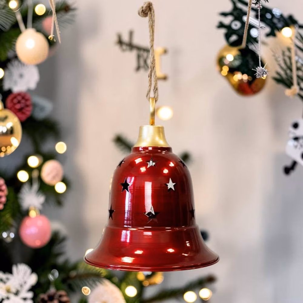 Four Candle Large Glossy Red Metal Christmas Bell with Gold Cutout Detail – 2