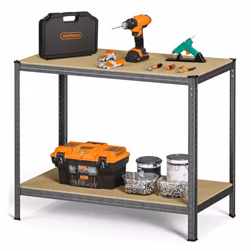 VonHaus Heavy Duty Height Adjustable Metal Workbench in Grey with 600kg Capacity, W/D/H: 110 x 90 x 59 cm