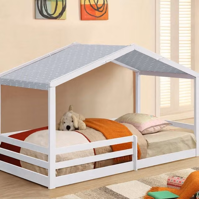 Comfy Living Single Wooden House Style Childrens Bed with Grey Tent Option, White, W/D/H: 90 x 190 cm – 1