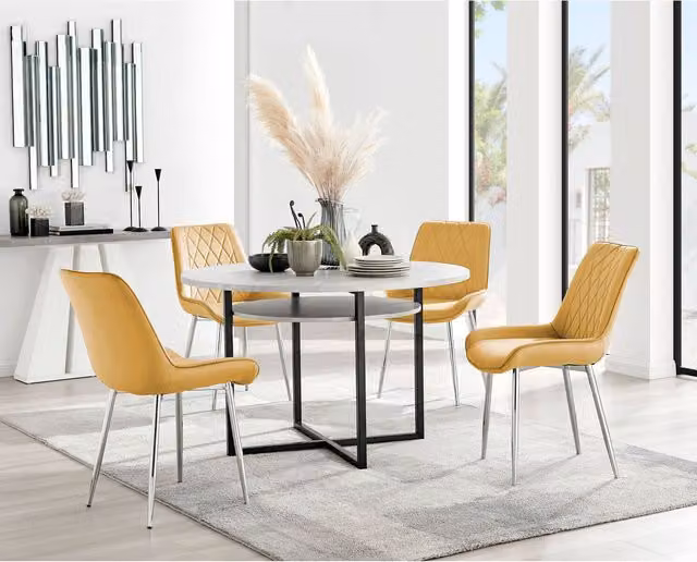 Furniturebox Adley Grey Concrete Effect Round Storage Dining Table and 4 Pesaro Mustard Velvet Chairs with Silver X-Frame Legs