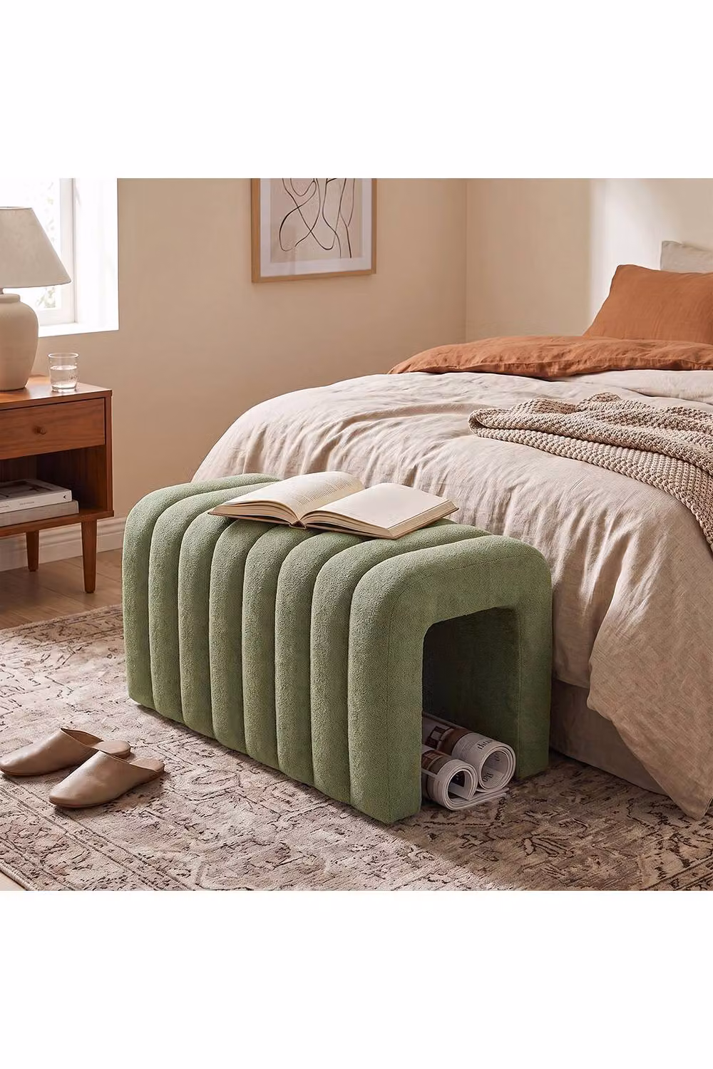 Living and Home Modern U-Shaped Upholstered Fabric Footstool in Green – 2