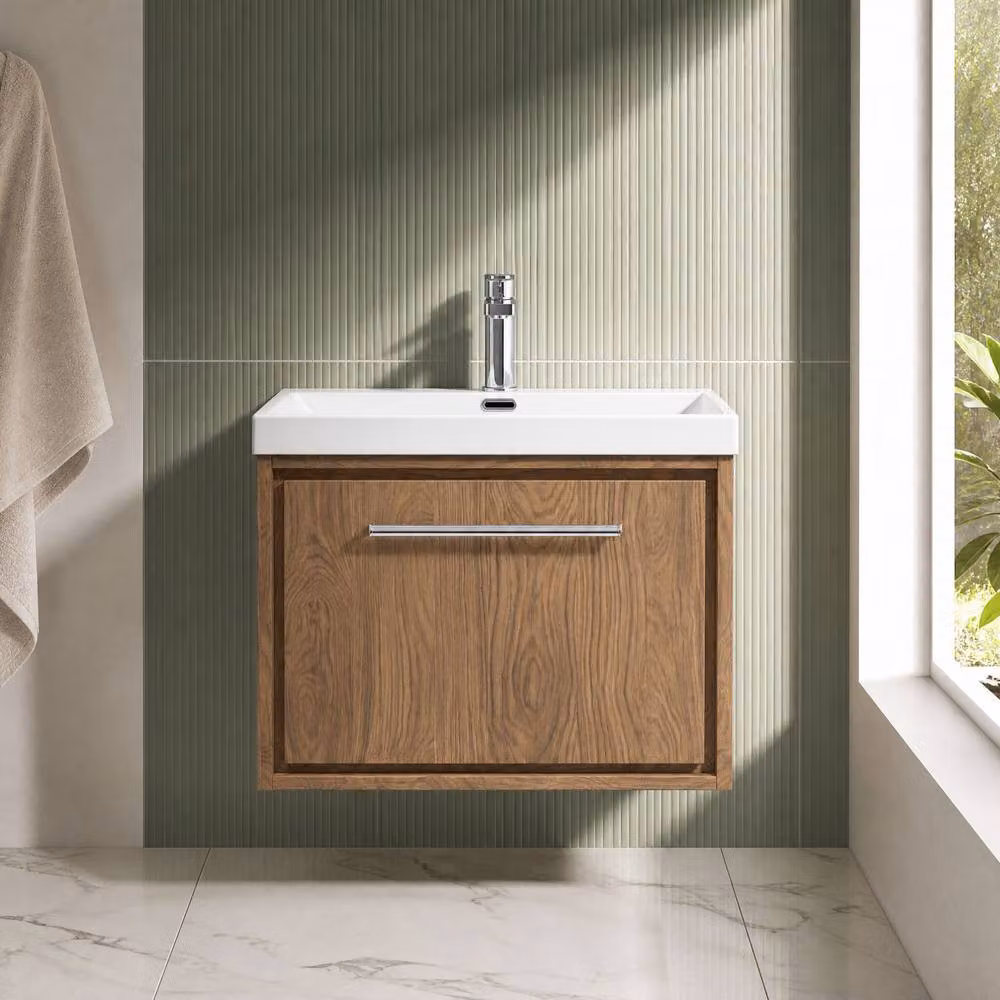 Balterley Modern Wall Mounted Single Drawer Bathroom Vanity Unit with Basin in Antique Oak Brown, W/D/H: 61.0 x 46.0 x 48.1 cm – 2