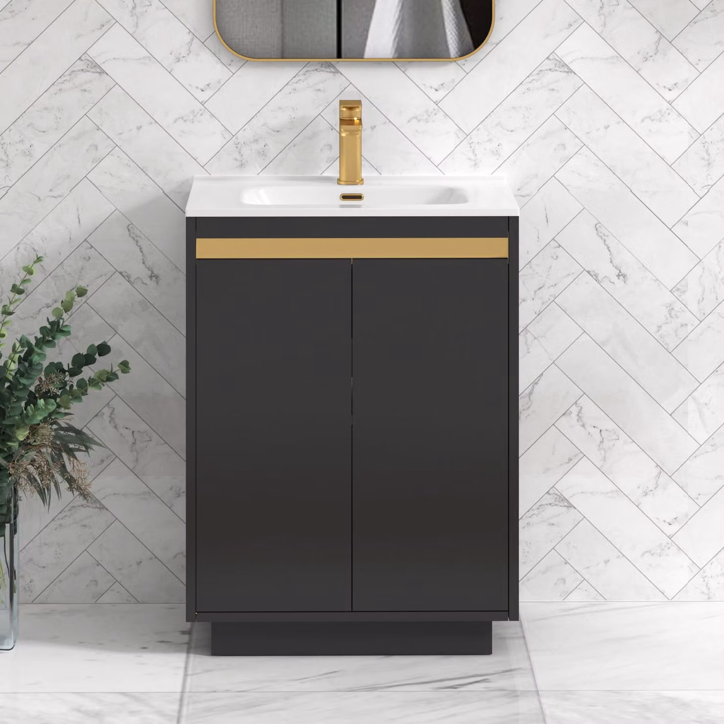 Royal Bathrooms Orion 600mm Matt Obsidian Black 2 Door Floor Standing Vanity Unit with Ceramic Basin and Brushed Brass Accent Trim