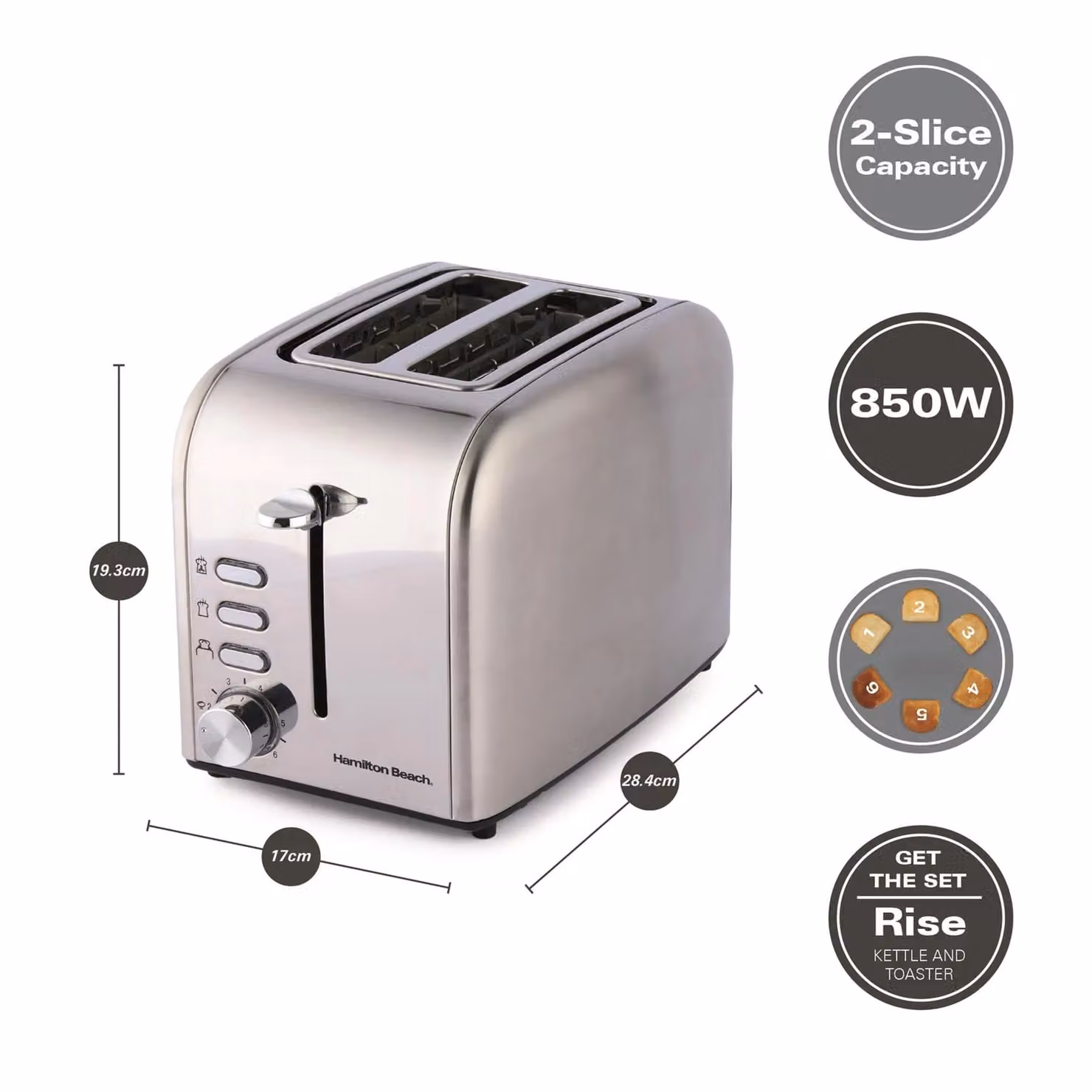 Hamilton Beach Compact 1L Kettle and Rise 2 Slice Toaster Set in Silver Stainless Steel – 2