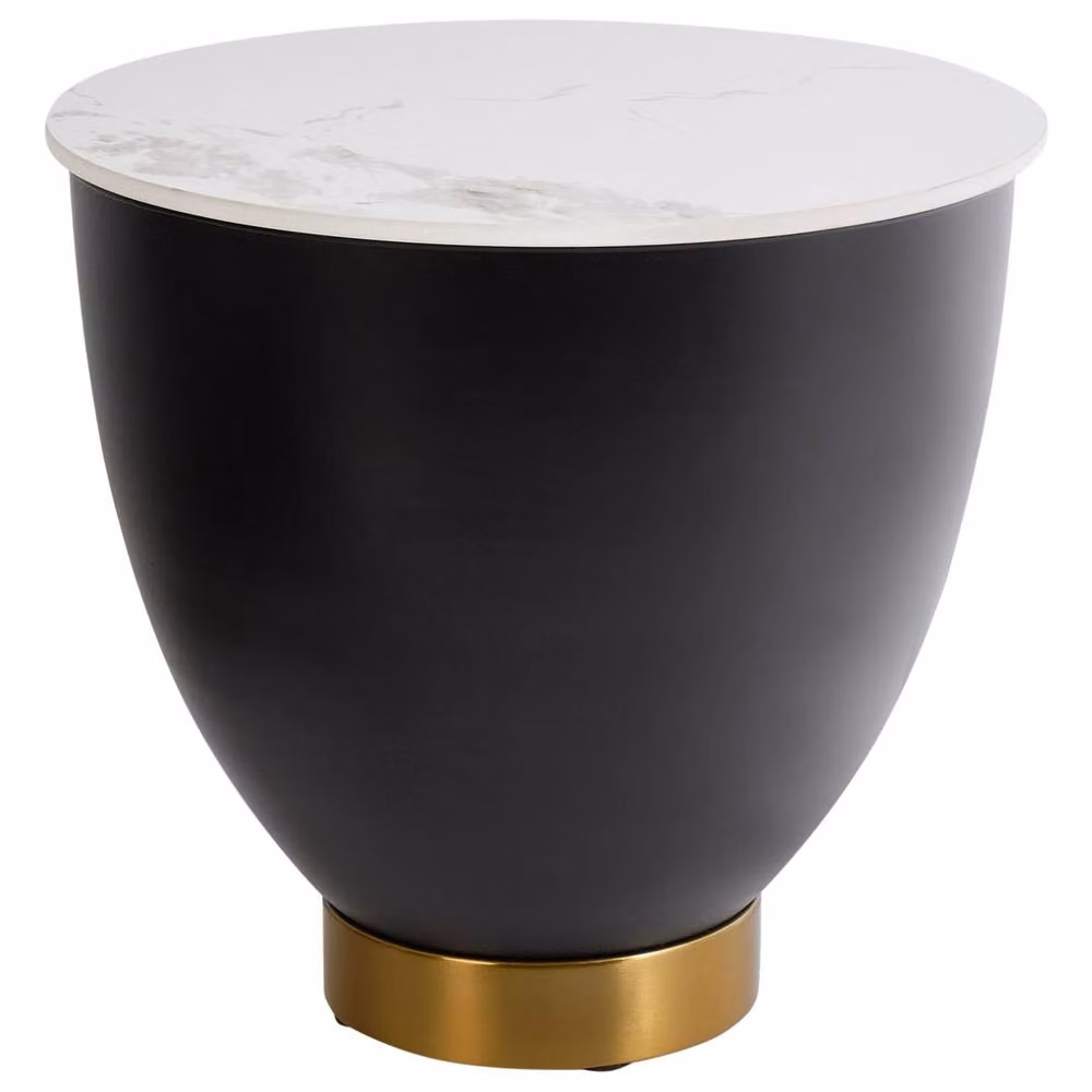 Wyld and Coco Modern Round Side Table with White Sintered Stone Top and Black and Gold Metal Base, Diameter: 48 cm – 2