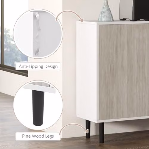 HOMCOM Modern White and Grey Kitchen Sideboard Storage Cabinet with 4 Doors, Adjustable Shelves and Pine Wood Legs, W/D/H: 121 x 37 x 75 cm – 4
