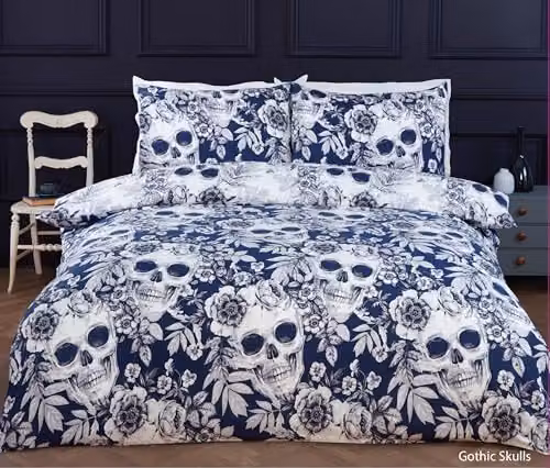 Rapport Home Gothic Floral Skull Microfibre Reversible Duvet Cover and Pillowcase Set in Blue and White, W/D/H: 135 x 200 cm and 50 x 75 cm