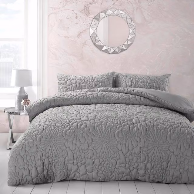 Velosso Grey Microfibre Floral Pattern Duvet Set with Pillowcase, W: 90 cm, H: 200 cm