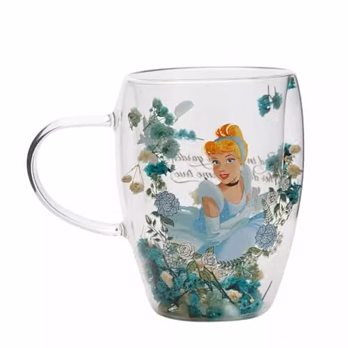 Disney Cinderella Double-Walled Glass Mug with Blue Floral Design, Transparent – 1