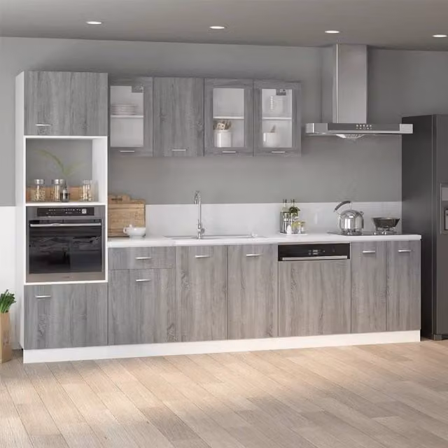 Berkfield Home Grey Sonoma Microwave Cabinet with Hinged Doors and Open Shelving, W: 60 cm, D: 57 cm, H: 207 cm