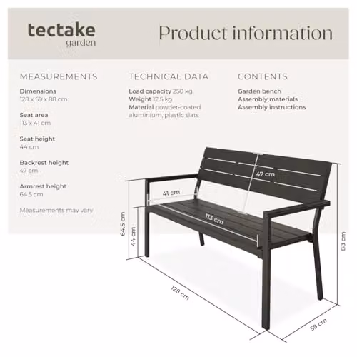 tectake 2-Seater Garden Bench with Metal and Wood Construction in Grey, W/D/H: 128 x 59 x 88 cm – 3