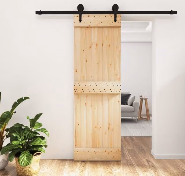 Berkfield Home Modern Sliding Door with Hardware Set, Solid Wood and Steel, Brown, W: 70 cm, H: 210 cm