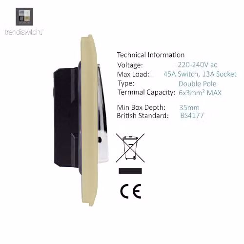 Trendi Switch Screwless Decorative 45 A Cooker Switch and Single Plug Socket Combination with Neon Indicator in Champagne Gold – 2