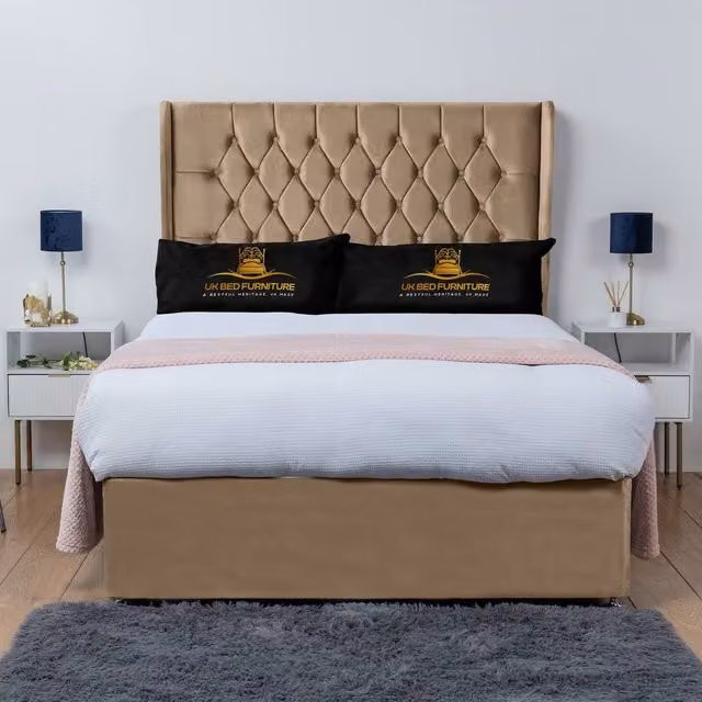 UK Bed Furniture Mary Winged Divan Bed Base with 54 Inch Buttoned Headboard in Beige Velvet, W/D/H: 120 x 200 cm, Small Double
