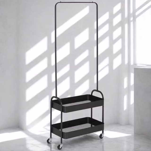 Pirlo Plush Black Hall Tree Coat Rack with Shoe Storage and Clothes Rail, W/D/H: 152.5 x 31.5 x 31.5 cm