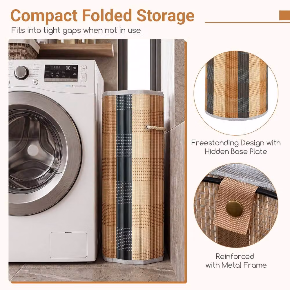 Gymax 50L Round Bamboo Laundry Hamper with Removable Lid and Handles in Brown – 7