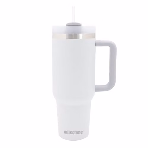 Milestone Camping 40oz Milestone Travel Mug Tumbler with Straw, Handle and Lid in White
