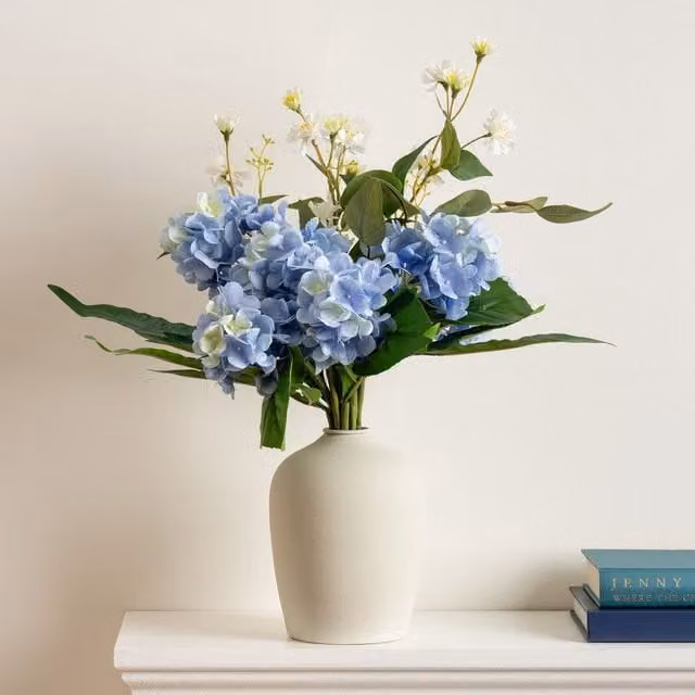 Scottish Everlastings Ltd Blue and White Hydrangea Bouquet in an Off-White Tabletop Vase – 1