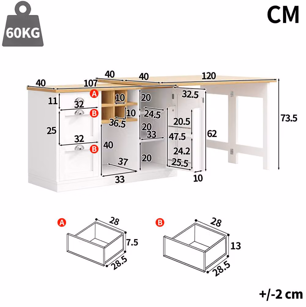 STILVORA Extendable Dining Table with 3 Drawers and Wine Rack in White – 3