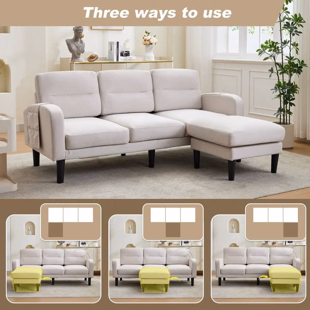 Merax 3 Seater L Shaped Corner Sofa with Reversible Chaise Lounge and Storage Pockets in Beige – 2