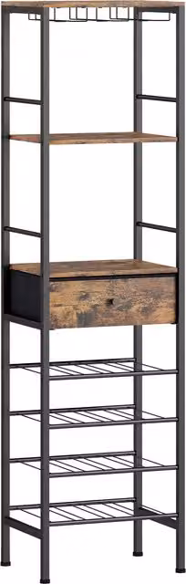 HOMCOM Industrial Freestanding Wine Bar Cabinet with 16-Bottle Rack and Glass Holder in Rustic Brown, W: 60 cm, D: 29 cm, H: 148.5 cm