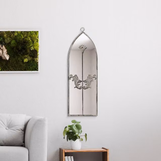 MirrorOutlet Modern Arched Wall Mirror with Concrete and Metal Frame in Grey and Silver, Width: 60 cm