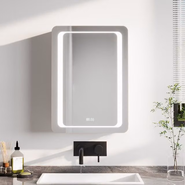 Komore Modern White Wall Mounted Bathroom Mirror Cabinet with Integrated LED Lighting and Glass Doors