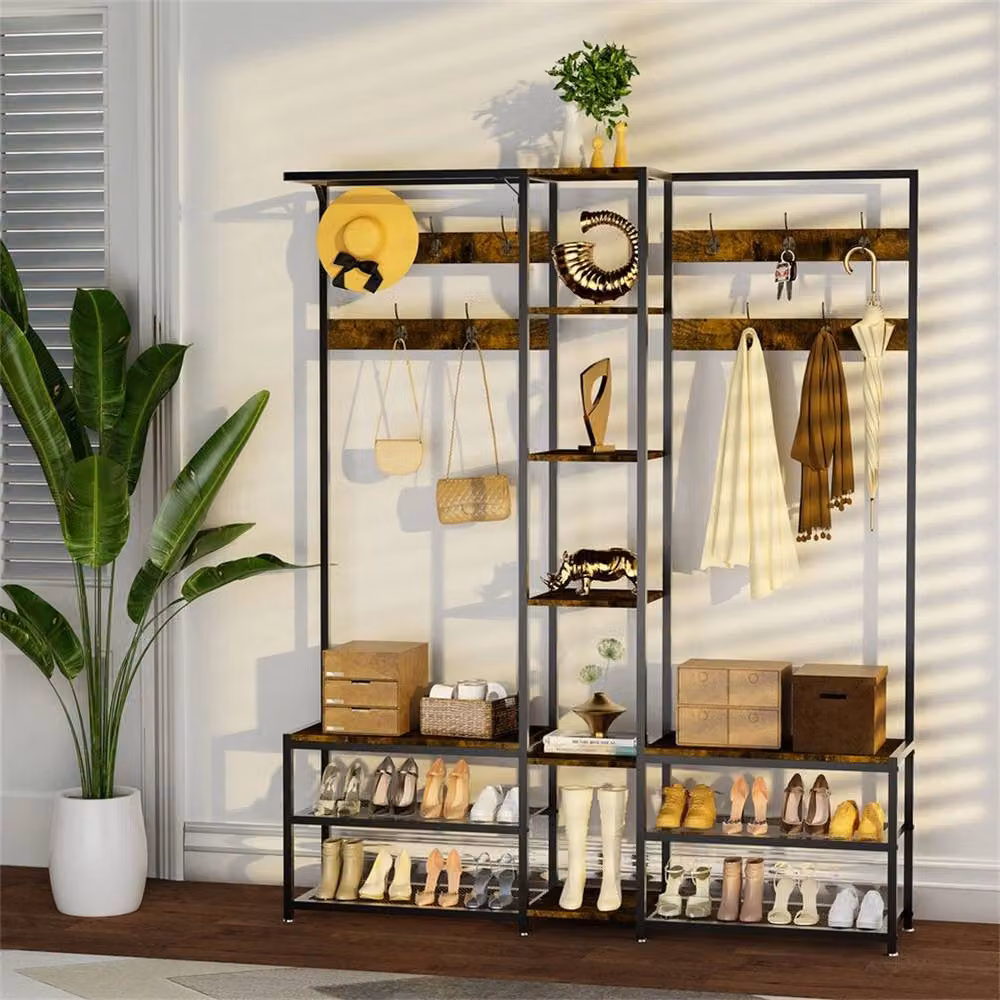 NESTLUNE Industrial Large Corner Hall Tree Bench with Shoe Storage and Coat Rack in Brown – 4