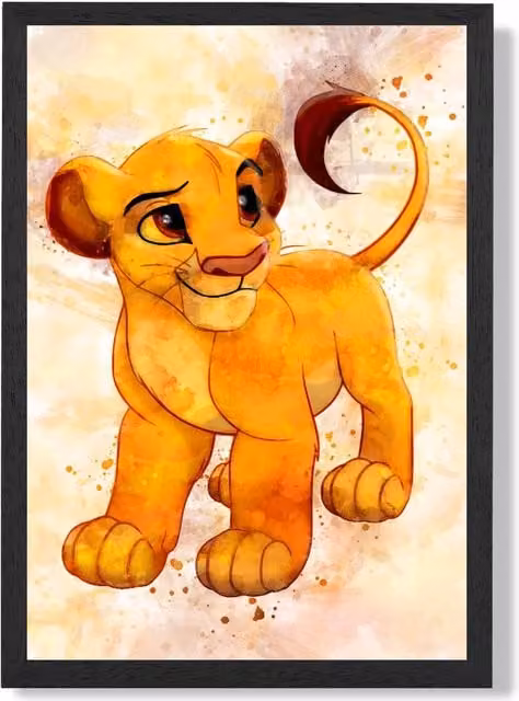 ARTZE Simba Cub Watercolour Lion King Framed Print, Yellow and Black, A2 – 1