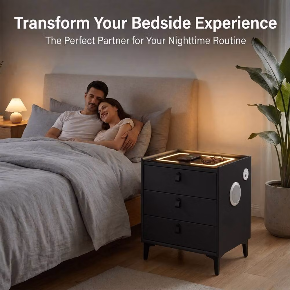 MN Furniture Modern Bedside Table with LED Lighting, Wireless Charging, Bluetooth and 3 Drawers in Black – 3