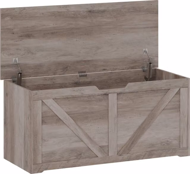 HOMCOM 127L Home Storage Box with Soft-Close Lid in Grey Wood-Effect