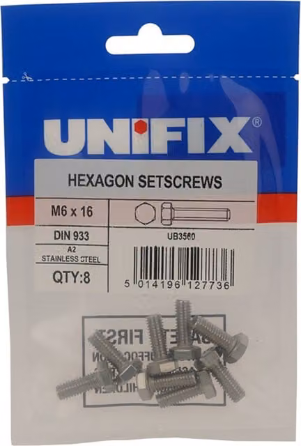 Unifix A2-304 Hexagon Setscrews DIN 933 M6 x 16 UBSSMHS06 016 Grey