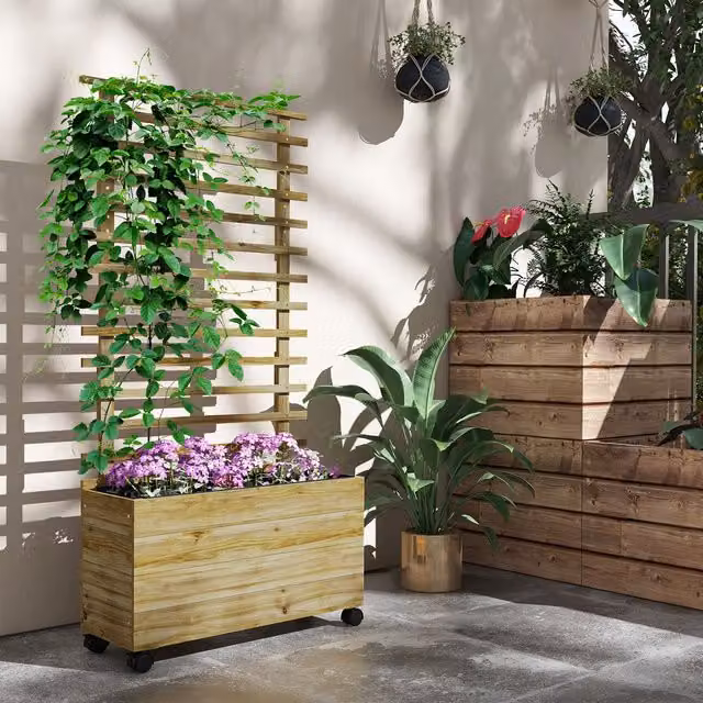 OUTSUNNY Wooden Raised Bed Planter with Trellis and 4 Wheels, Sand/Brown