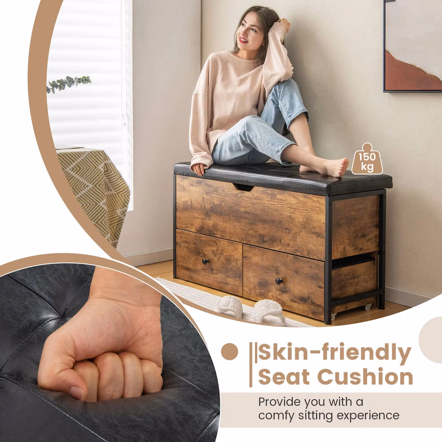 Costway Wooden Storage Ottoman Bench with Flip Top Chest and 2 Drawers in Brown – 7