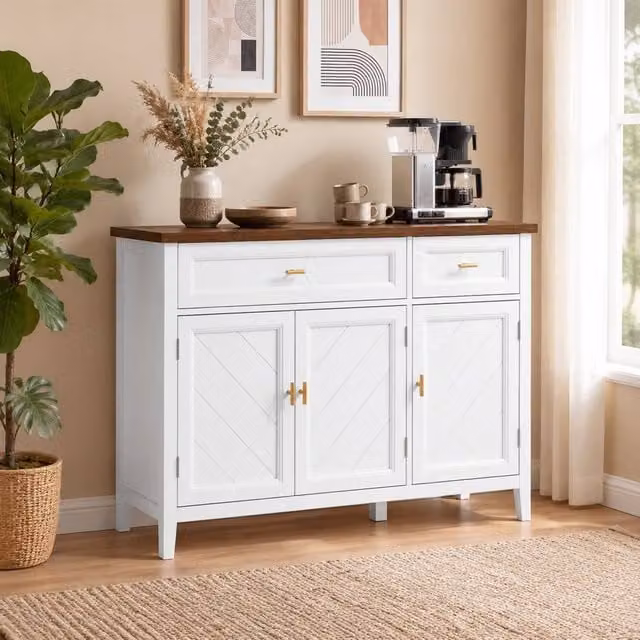 STILVORA Modern White Lacquered Sideboard Storage Cabinet with 2 Drawers and Shelves – 1